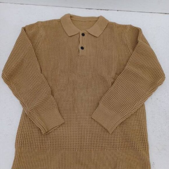 Angeun Mens Long Sleeve Polo Sweater Casual Khaki Medium Fall Winter Top for Men - Picture 2 of 5